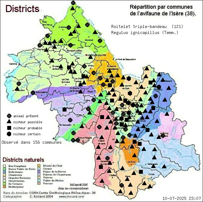 Carte de rpartition par communes en Isre d'une espce d'animal: Roitelet triple-bandeau (Regulus ignicapillus (Temm.)) selon Districts naturels