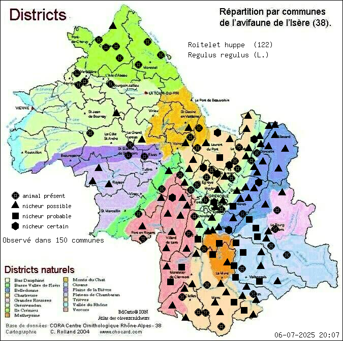 Carte de rpartition par communes en Isre d'une espce d'animal: Roitelet hupp (Regulus regulus (L.)) selon Districts naturels