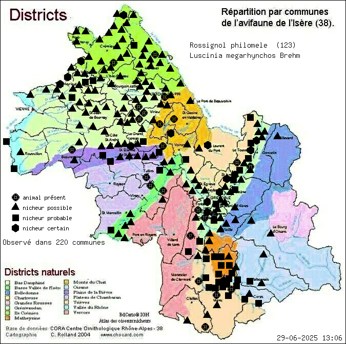 Carte de rpartition par communes en Isre d'une espce d'animal: Rossignol philomle (Luscinia megarhynchos Brehm) selon Districts naturels