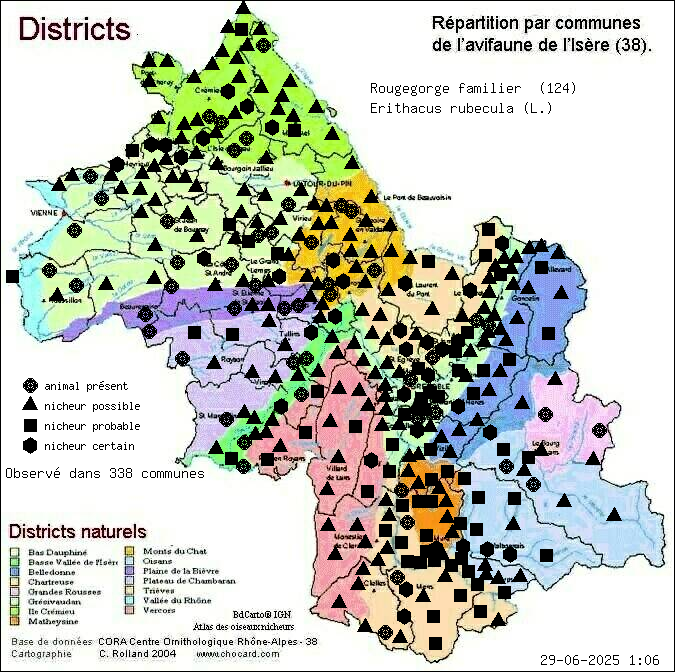 Carte de rpartition par communes en Isre d'une espce d'animal: Rougegorge familier (Erithacus rubecula (L.)) selon Districts naturels