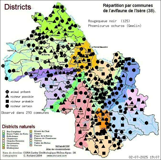 Rougequeue noir (Phoenicurus ochuros (Gmelin)): carte de rpartition en Isre