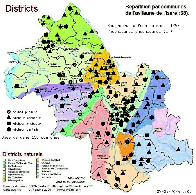 Carte de rpartition par communes en Isre d'une espce d'animal: Rougequeue  front blanc (Phoenicurus phoenicurus (L.)) selon Districts naturels