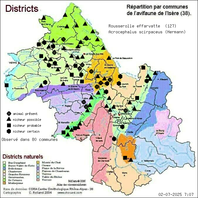 Carte de rpartition par communes en Isre d'une espce d'animal: Rousserolle effarvatte (Acrocephalus scirpaceus (Hermann)) selon Districts naturels