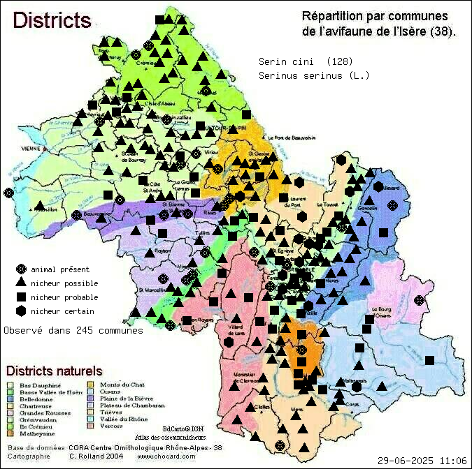 Carte de rpartition par communes en Isre d'une espce d'animal: Serin cini (Serinus serinus (L.)) selon Districts naturels