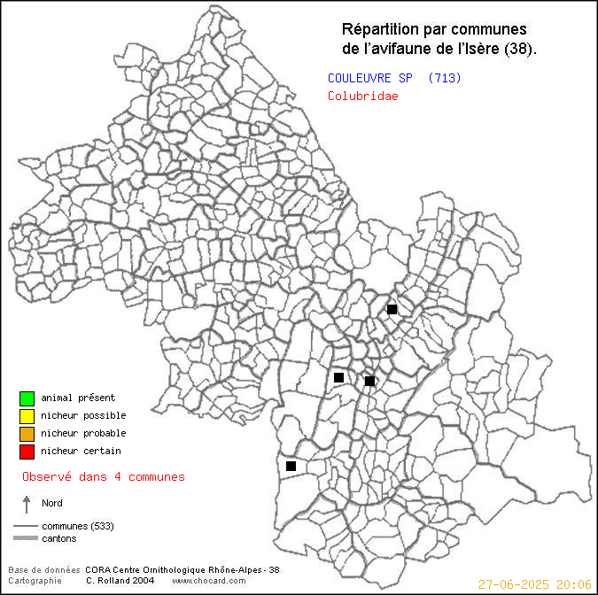 Carte de rpartition par communes en Isre d'une espce d'animal: COULEUVRE SP (Colubridae) selon Communes et cantons