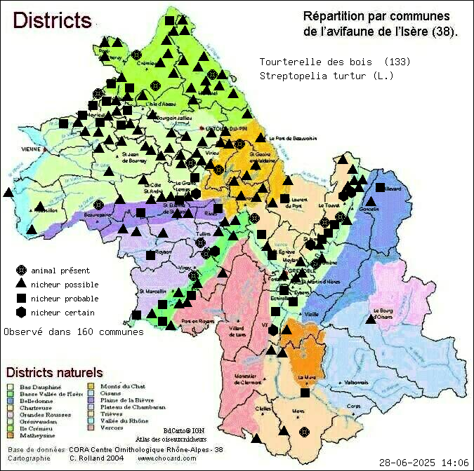 Tourterelle des bois (Streptopelia turtur (L.)): carte de rpartition en Isre