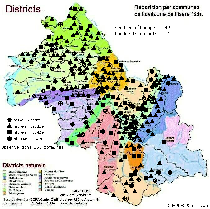 Verdier d Europe (Carduelis chloris (L.)): carte de rpartition en Isre
