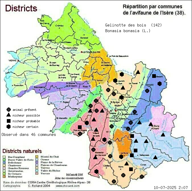 Carte de rpartition par communes en Isre d'une espce d'animal: Glinotte des bois (Bonasia bonasia (L.)) selon Districts naturels