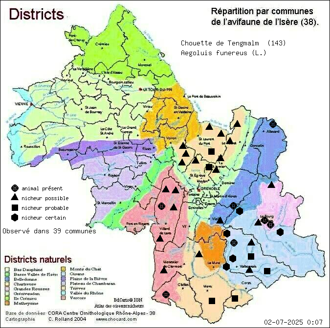 Carte de rpartition par communes en Isre d'une espce d'animal: Chouette de Tengmalm (Aegoluis funereus (L.)) selon Districts naturels