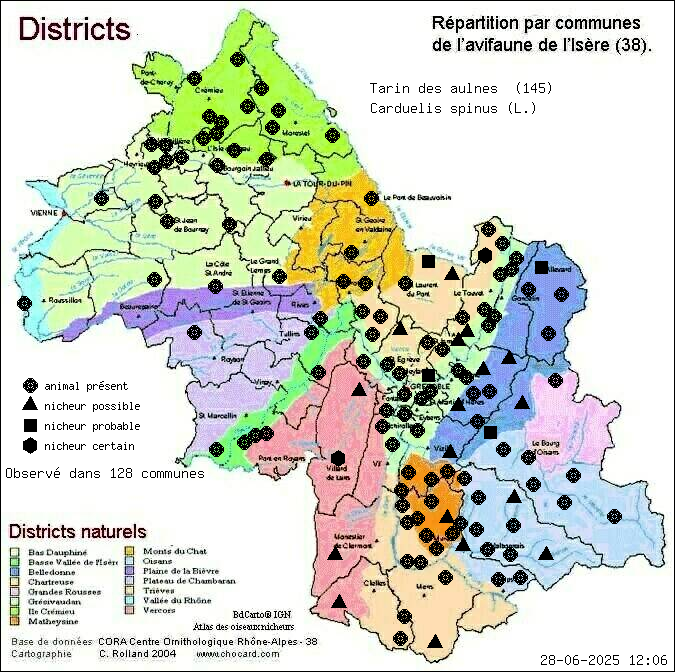 Tarin des aulnes (Carduelis spinus (L.)): carte de rpartition en Isre