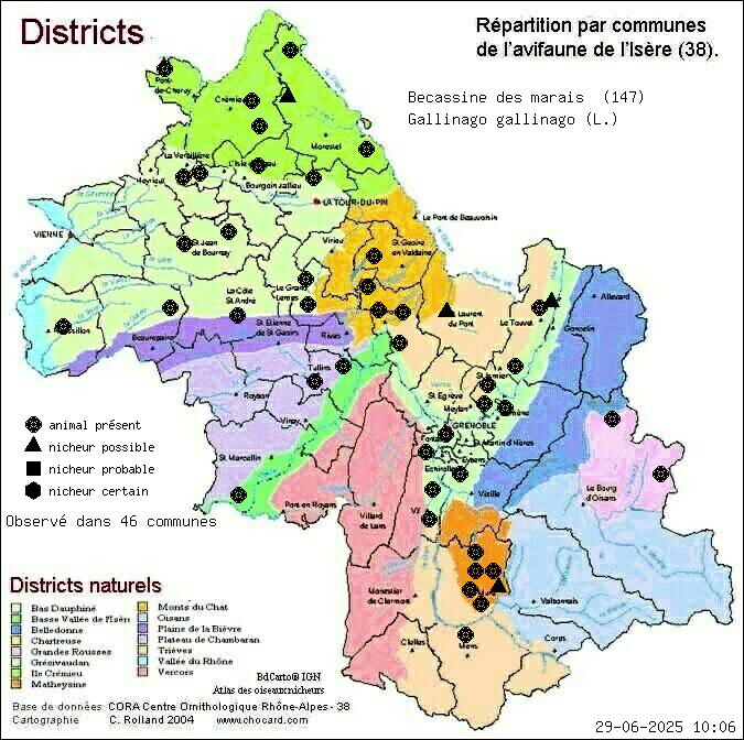 Carte de rpartition par communes en Isre d'une espce d'animal: Bcassine des marais (Gallinago gallinago (L.)) selon Districts naturels