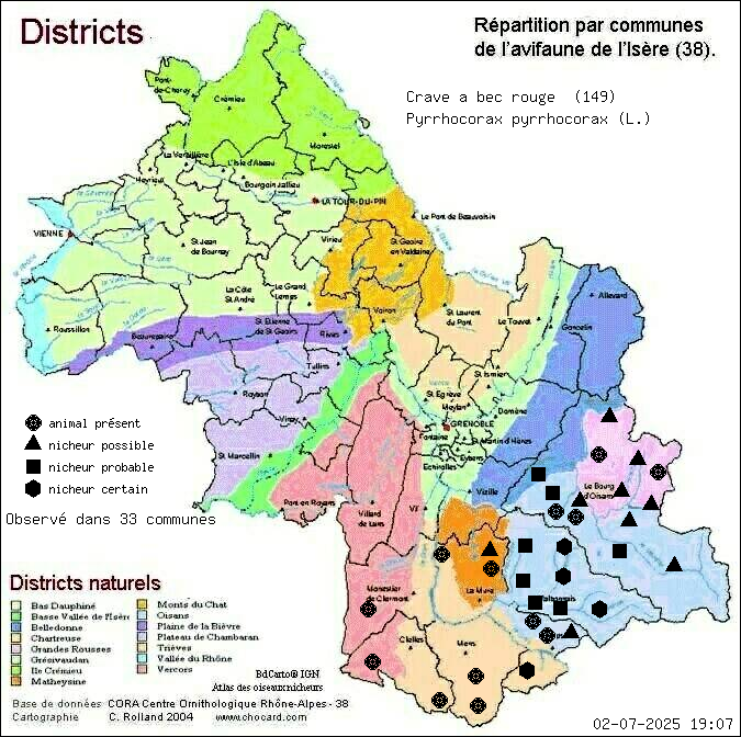 Carte de rpartition par communes en Isre d'une espce d'animal: Crave  bec rouge (Pyrrhocorax pyrrhocorax (L.)) selon Districts naturels