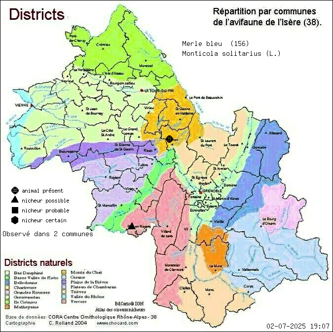 Carte de rpartition par communes en Isre d'une espce d'animal: Merle bleu (Monticola solitarius (L.)) selon Districts naturels