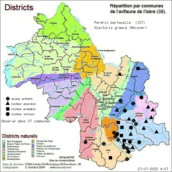 Perdrix bartavelle (Alectoris graeca (Meisner)): carte de rpartition en Isre