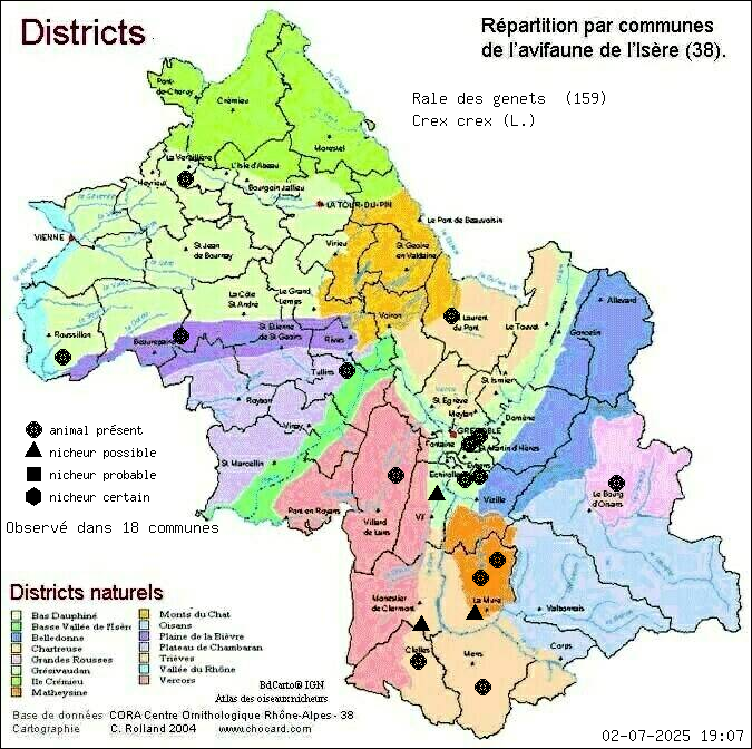 Carte de rpartition par communes en Isre d'une espce d'animal: Rle des gents (Crex crex (L.)) selon Districts naturels