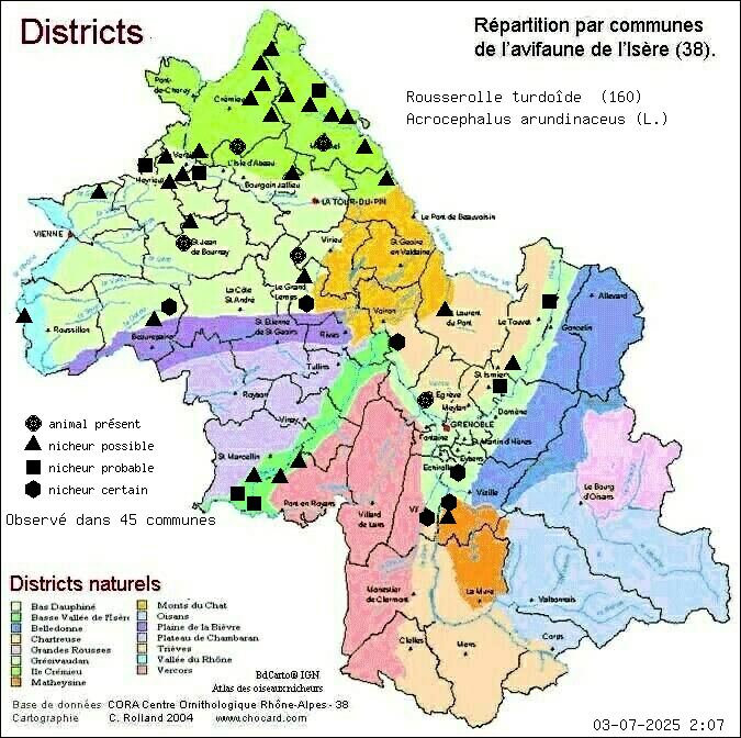 Carte de rpartition par communes en Isre d'une espce d'animal: Rousserolle turdode (Acrocephalus arundinaceus (L.)) selon Districts naturels