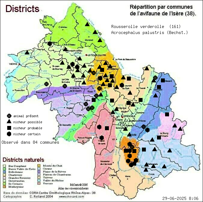 Carte de rpartition par communes en Isre d'une espce d'animal: Rousserolle verderolle (Acrocephalus palustris (Bechst.)) selon Districts naturels