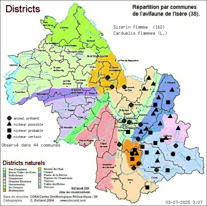 Carte de rpartition par communes en Isre d'une espce d'animal: Sizerin flamm (Carduelis flammea (L.)) selon Districts naturels