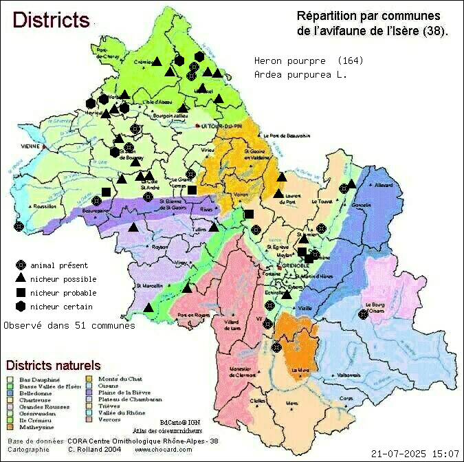 Carte de rpartition par communes en Isre d'une espce d'animal: Hron pourpr (Ardea purpurea L.) selon Districts naturels