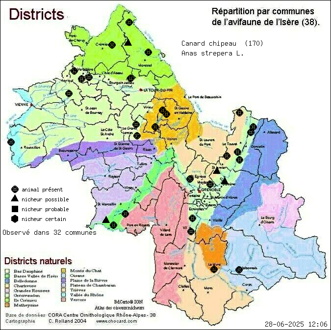 Carte de rpartition par communes en Isre d'une espce d'animal: Canard chipeau (Anas strepera L.) selon Districts naturels