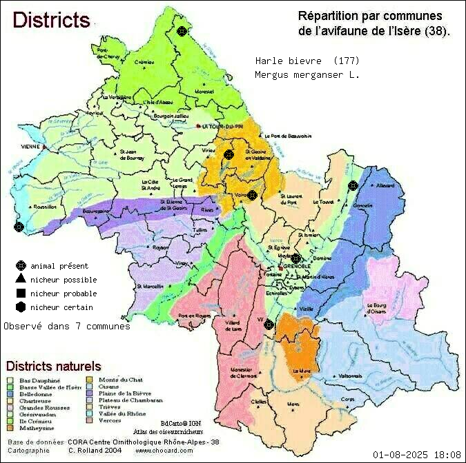 Carte de rpartition par communes en Isre d'une espce d'animal: Harle bivre (Mergus merganser L.) selon Districts naturels