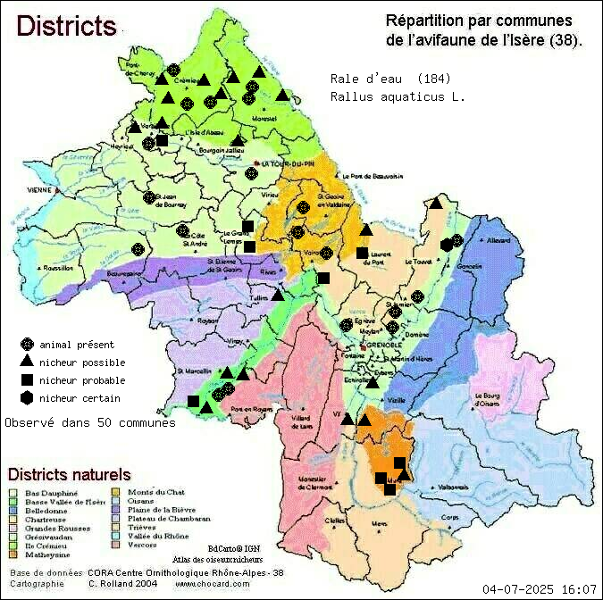 Carte de rpartition par communes en Isre d'une espce d'animal: Rle d eau (Rallus aquaticus L.) selon Districts naturels