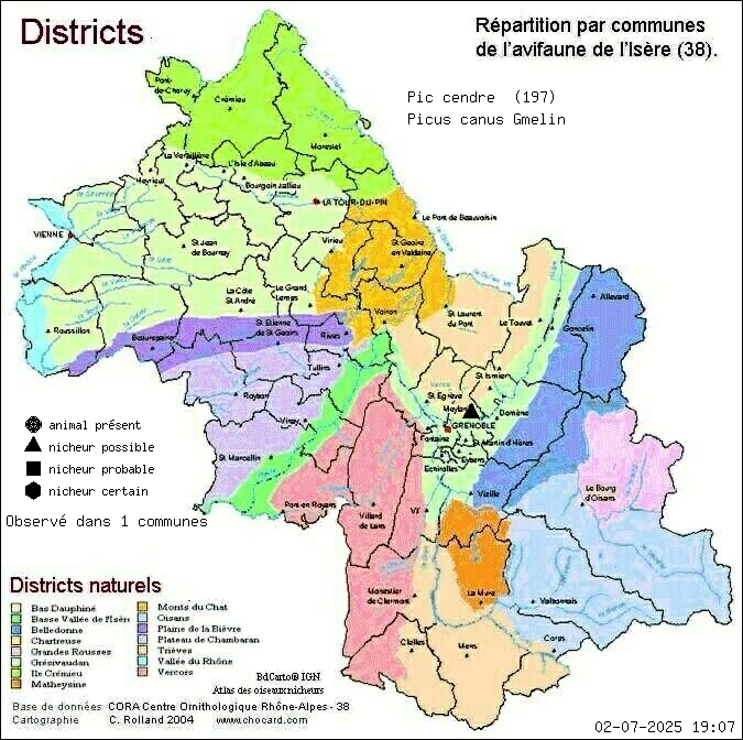Carte de rpartition par communes en Isre d'une espce d'animal: Pic cendr (Picus canus Gmelin) selon Districts naturels