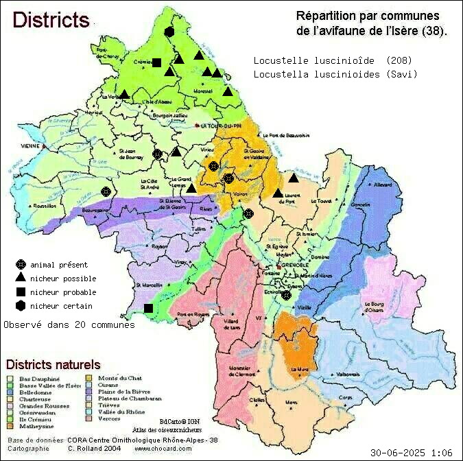 Carte de rpartition par communes en Isre d'une espce d'animal: Locustelle lusciniode (Locustella luscinioides (Savi)) selon Districts naturels