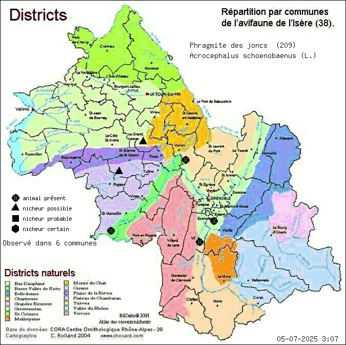 Carte de rpartition par communes en Isre d'une espce d'animal: Phragmite des joncs (Acrocephalus schoenobaenus (L.)) selon Districts naturels