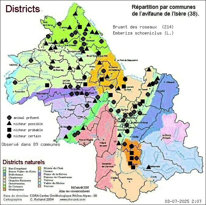 Bruant des roseaux (Emberiza schoeniclus (L.)): carte de rpartition en Isre