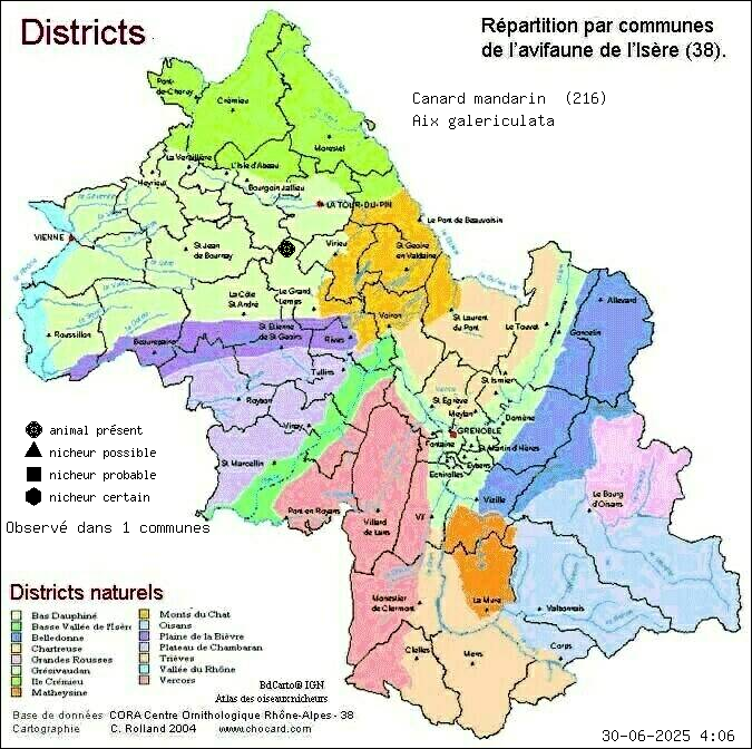 Carte de rpartition par communes en Isre d'une espce d'animal: Canard mandarin (Aix galericulata) selon Districts naturels