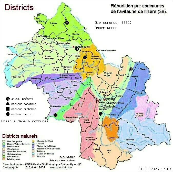 Carte de rpartition par communes en Isre d'une espce d'animal: Oie cendre (Anser anser) selon Districts naturels