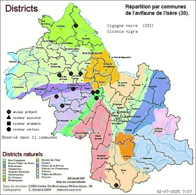 Carte de rpartition par communes en Isre d'une espce d'animal: Cigogne noire (Ciconia nigra) selon Districts naturels