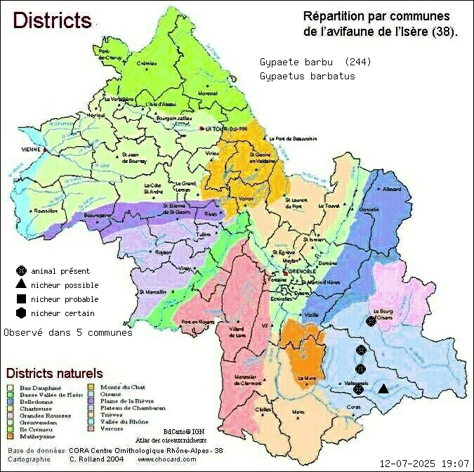 Carte de rpartition par communes en Isre d'une espce d'animal: Gypate barbu (Gypaetus barbatus) selon Districts naturels