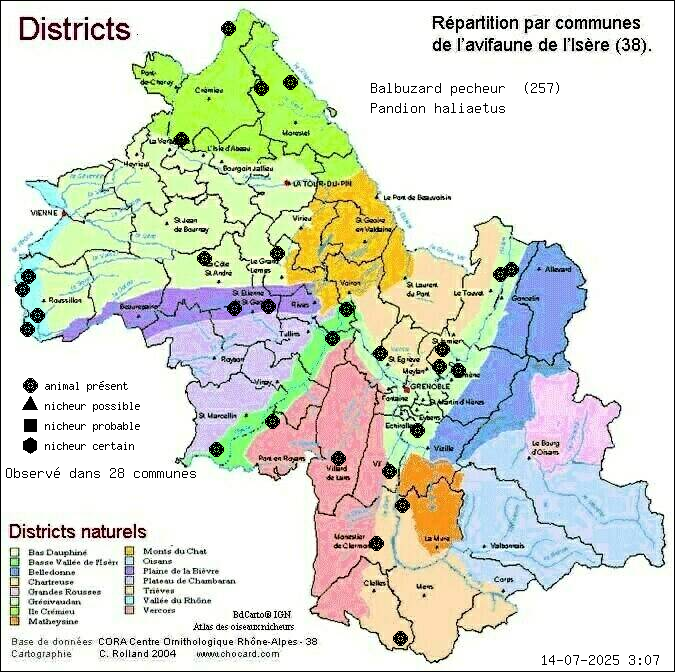 Carte de rpartition par communes en Isre d'une espce d'animal: Balbuzard pcheur (Pandion haliaetus) selon Districts naturels