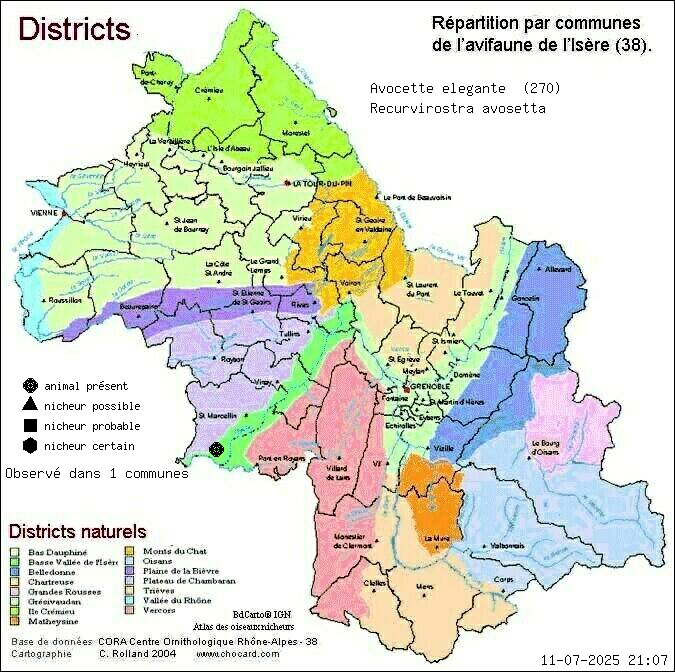 Carte de rpartition par communes en Isre d'une espce d'animal: Avocette lgante (Recurvirostra avosetta) selon Districts naturels