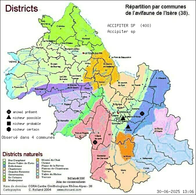 Carte de rpartition par communes en Isre d'une espce d'animal: ACCIPITER SP (Accipiter sp) selon Districts naturels