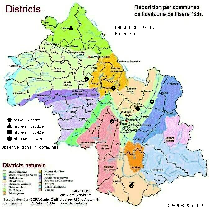 Carte de rpartition par communes en Isre d'une espce d'animal: FAUCON SP (Falco sp) selon Districts naturels