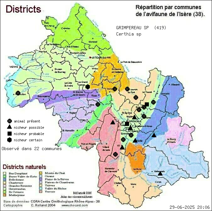 Carte de rpartition par communes en Isre d'une espce d'animal: GRIMPEREAU SP (Certhia sp) selon Districts naturels