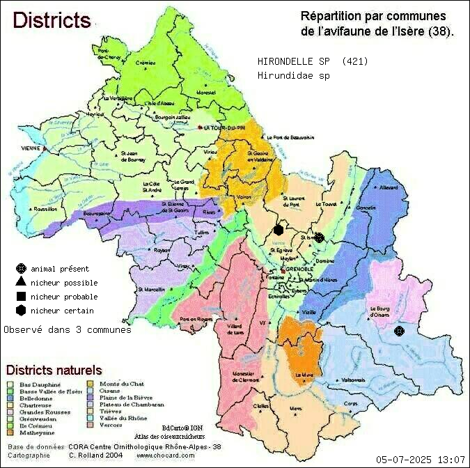 Carte de rpartition par communes en Isre d'une espce d'animal: HIRONDELLE SP (Hirundidae sp) selon Districts naturels