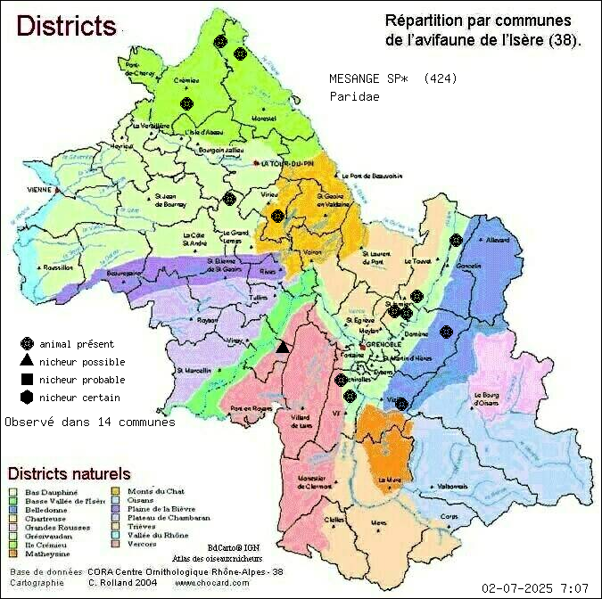 Carte de rpartition par communes en Isre d'une espce d'animal: MESANGE SP* (Paridae) selon Districts naturels