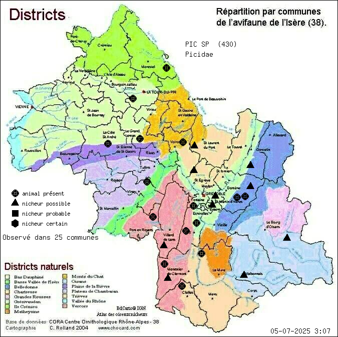 Carte de rpartition par communes en Isre d'une espce d'animal: PIC SP (Picidae) selon Districts naturels