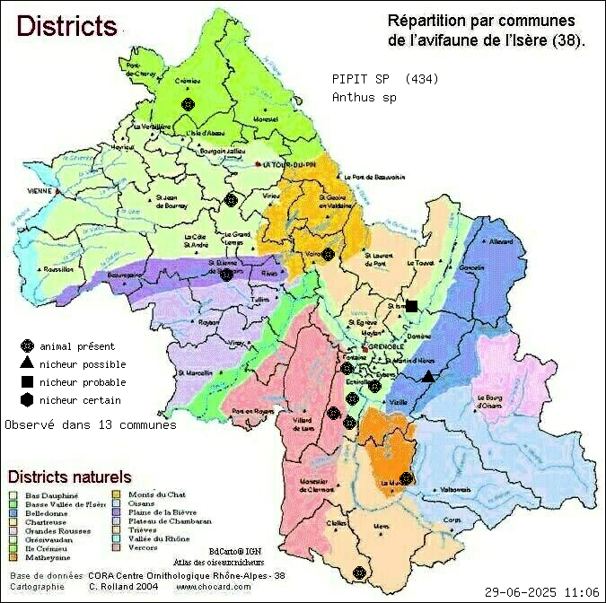 Carte de rpartition par communes en Isre d'une espce d'animal: PIPIT SP (Anthus sp) selon Districts naturels