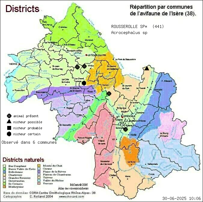 Carte de rpartition par communes en Isre d'une espce d'animal: ROUSSEROLLE SP* (Acrocephalus sp) selon Districts naturels