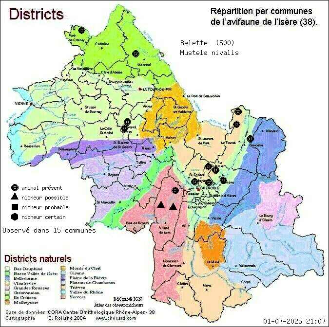 Carte de rpartition par communes en Isre d'une espce d'animal: Belette (Mustela nivalis) selon Districts naturels