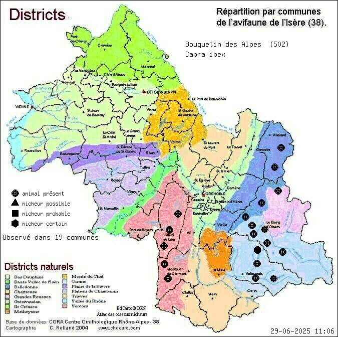 Carte de rpartition par communes en Isre d'une espce d'animal: Bouquetin des Alpes (Capra ibex) selon Districts naturels