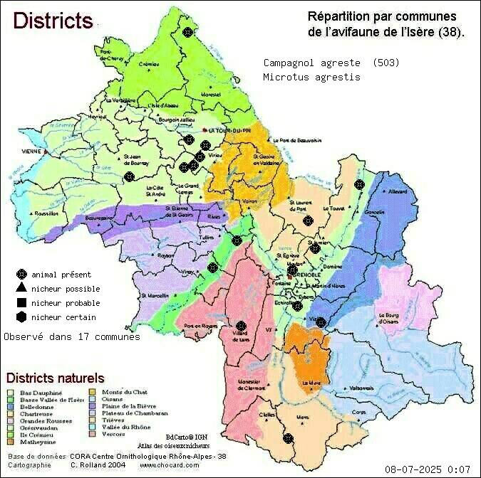 Carte de rpartition par communes en Isre d'une espce d'animal: Campagnol agreste (Microtus agrestis) selon Districts naturels