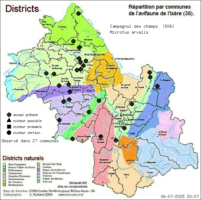 Carte de rpartition par communes en Isre d'une espce d'animal: Campagnol des champs (Microtus arvalis) selon Districts naturels