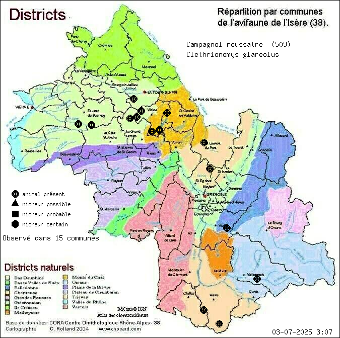 Campagnol rousstre (Clethrionomys glareolus): carte de rpartition en Isre