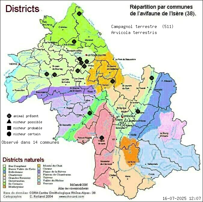 Carte de rpartition par communes en Isre d'une espce d'animal: Campagnol terrestre (Arvicola terrestris) selon Districts naturels